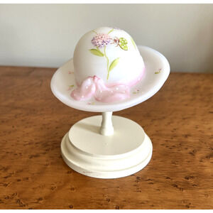 Fenton Glass Hand Painted Hat White Hydrangea Flowers With Stand